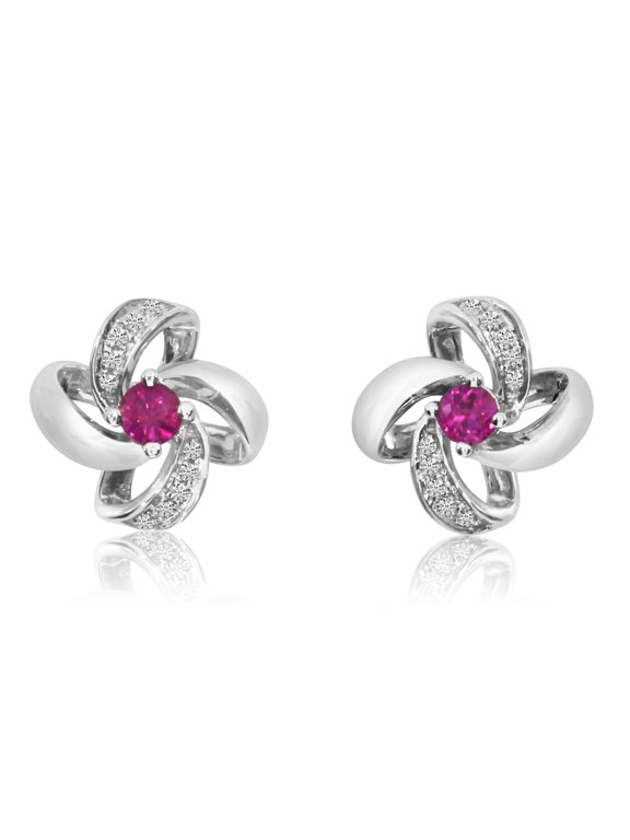 14k White Gold Ruby Flower Single Cut And Diamond Earrings