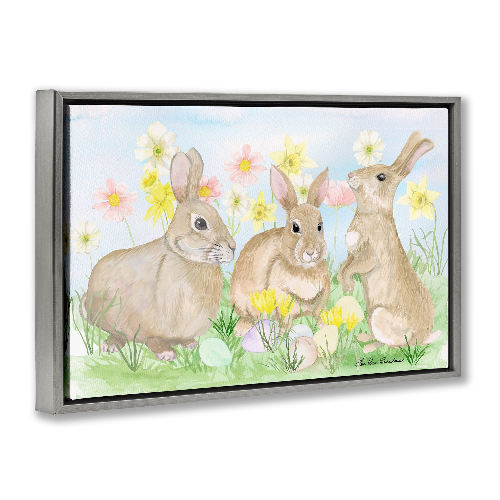 Three Bunnies In The Grass Gray Framed Floater Canvas Wall Art, design by Lee Ann Sanders