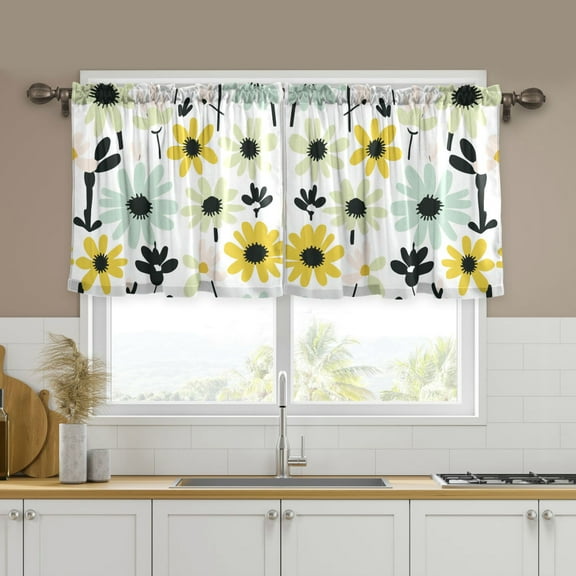 Yayeee Kitchen Curtains Tier Set of 2 Light Filtering 57"x24" Over Sink Window Panels, White Flower