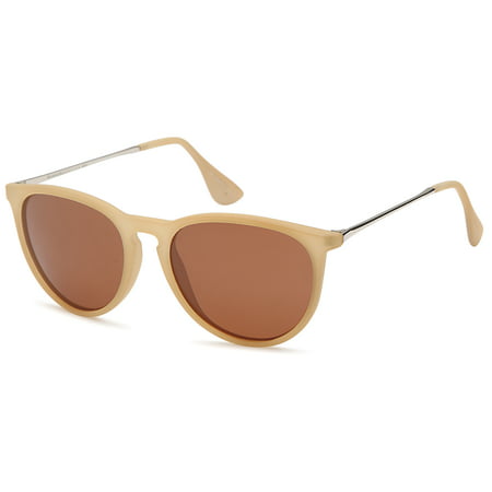 GAMMA RAY Polarized UV400 Vintage Retro Round Thin Style Sunglasses - Brown Lens on Matte Beige Frame