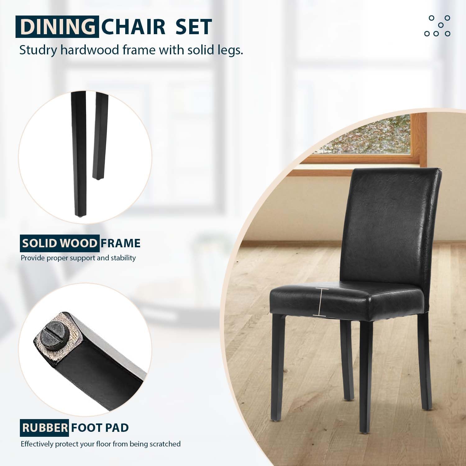 Dining Chairs Set of 4 - PU Leather Upholstered Modern Parsons Chairs with Solid Wood Legs, Sturdy & Durable Curved Backrest for Kitchen, Living Room, Restaurant, Black