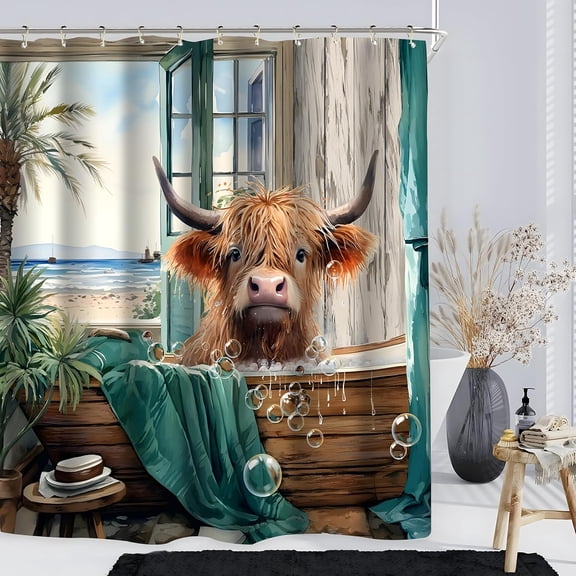 Highland Cow Summer Shower Curtain 60Wx72L Inch Funny Cute Cattle Ocean View Landscape Bathtub Calf Tropical Hawaii Scene Palm Leaves Bathroom Decor Sea Beach Waterproof Fabric 12 Plastic Hook