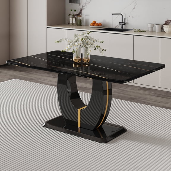 Sumdeal 63" Long Dining Table for 4-6 Modern Faux Marble Dining Table with U-Shape Pedestal Base Mid-Century Rectangle Kitchen Dinner Table,Black,U shape,63Inch