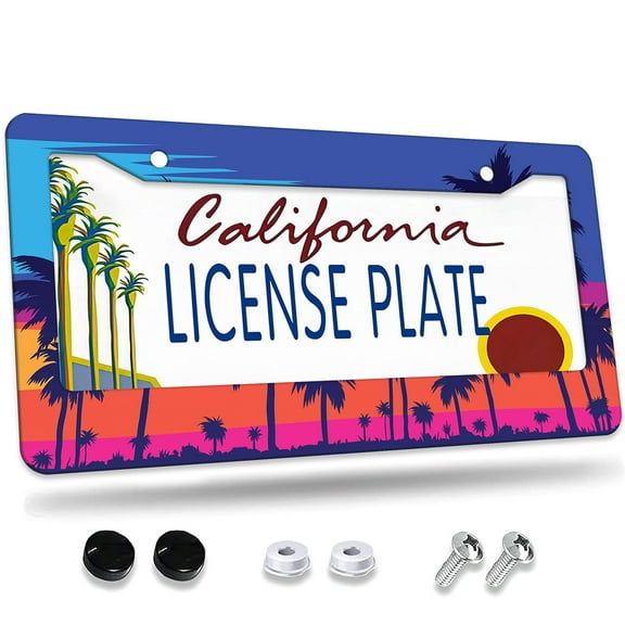 1 Pcs Palm Trees at Sunset License Plate Frame,License Plate Cover for Car Decorative Parts,Aluminum License Plate Bracket Holder Rust-Proof for US Standard Car