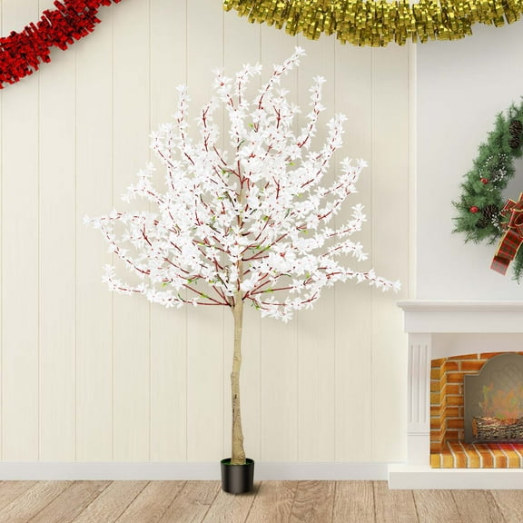 A 6-foot-tall artificial winter jasmine tree, made of faux silk, comes with a plastic seedling tray and is suitable for bedrooms, living rooms, offices, and interior decorations. (White)