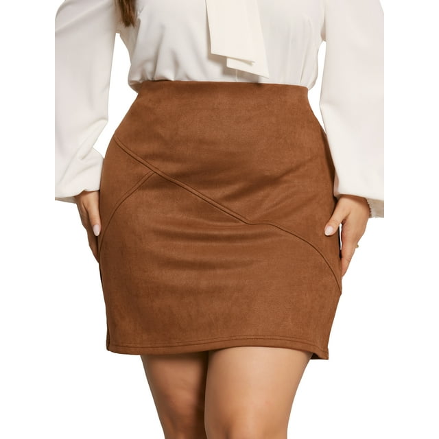 Falda de mujer de talla grande Agnes Orinda, de ante sintético, de cintura alta, ajustada, mini falda 1X marrón