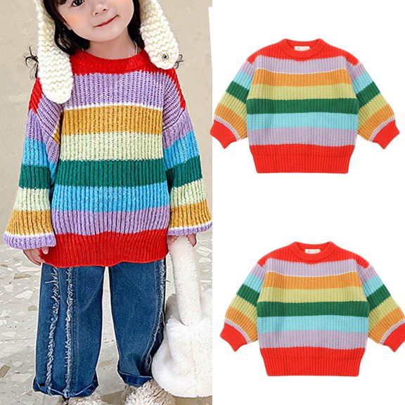 URMAGIC Toddler Kid Little Girls Rainbow Stripe Loose Pullover Knit Sweater,1-7T