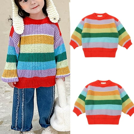 

URMAGIC Toddler Kid Little Girls Rainbow Stripe Loose Pullover Knit Sweater 1-7T