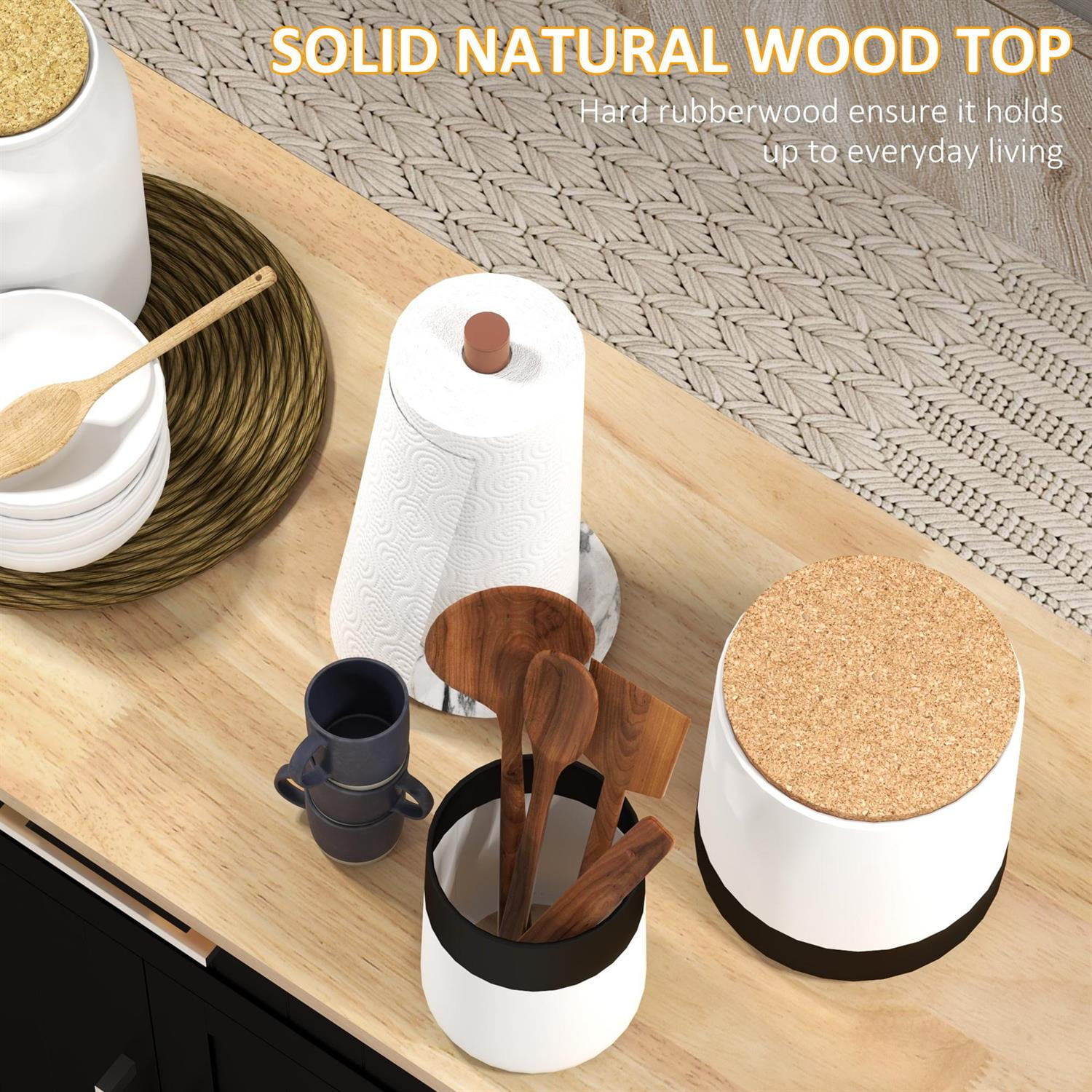 Demi Bonn 52" Modern Rolling Kitchen Cart with Drawers, Natural Wood Top & Towel Rack, Storage Cabinet for Kitchen, Black