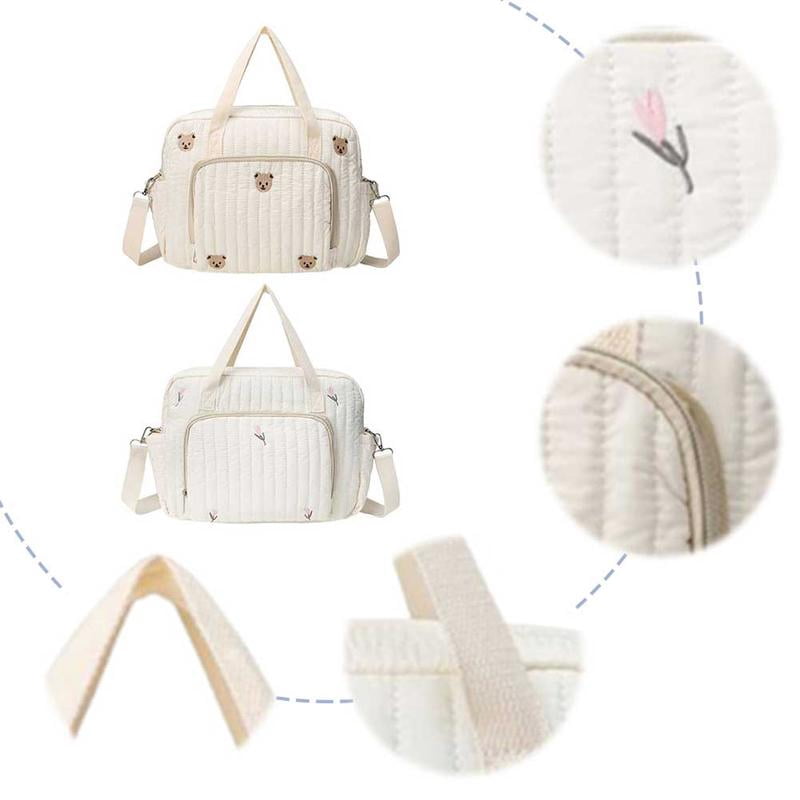 SPEKSEE Bear/Flower Quilted Travel Diaper Tote Cotton Crossbody Maternity Bag Adjustable Strap Messenger Shoulder Bag Diaper Handbag