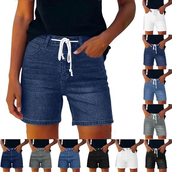 Tqcoqu Women's Straight Leg Casual Denim Jean Shorts,High Waist Button Dual Waist Shorts,Blue Women's S-XXXL
