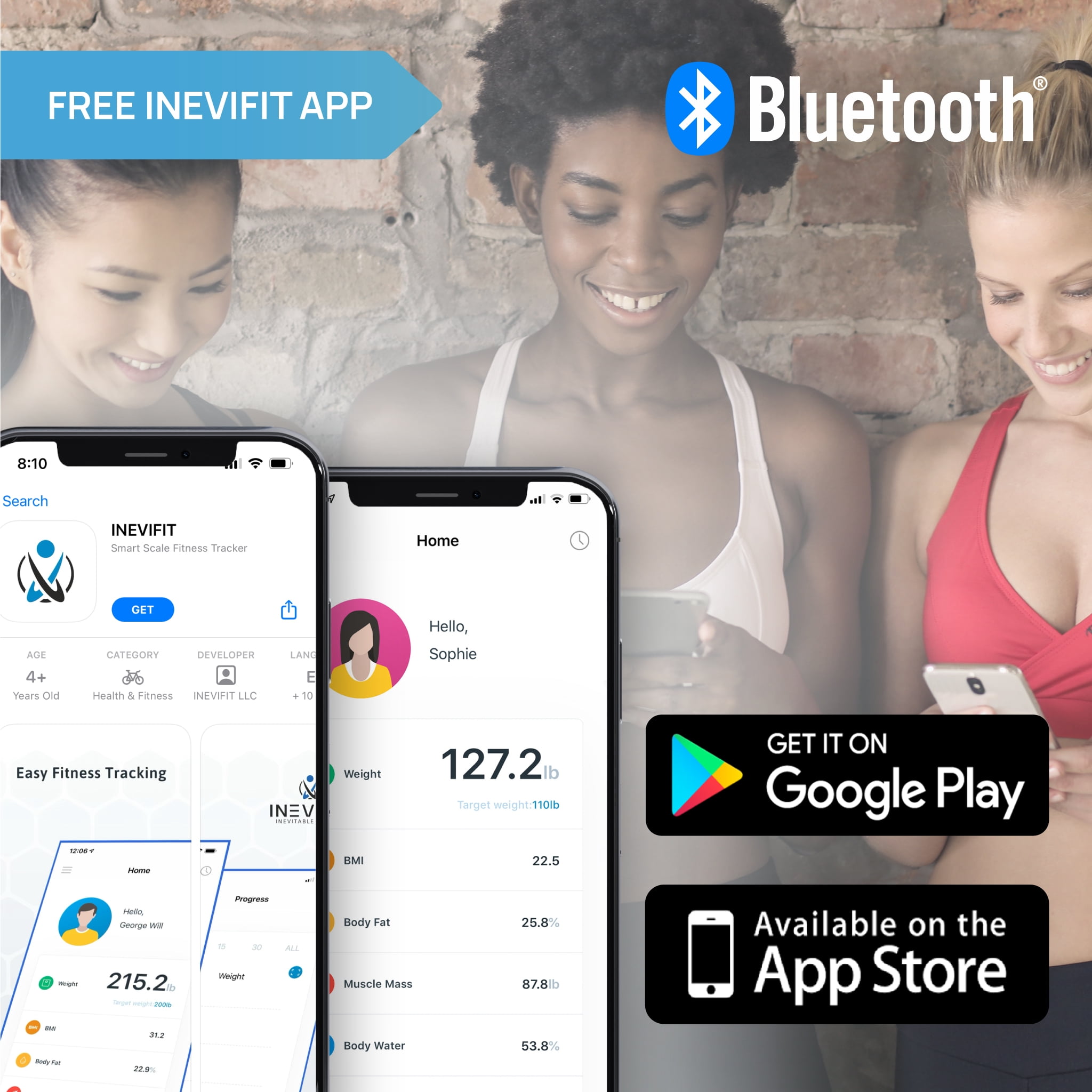 INEVIFIT Smart Body Fat Scale with Bluetooth and Free Tracking INEVIFIT APP - White