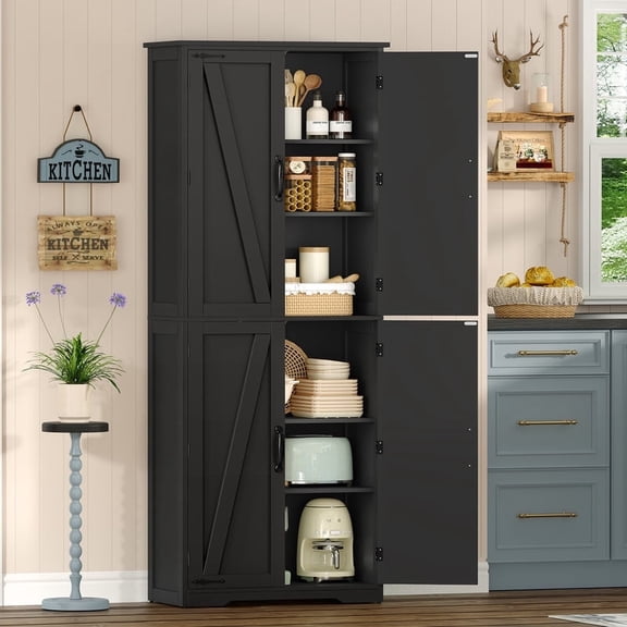 TEENFON 67" Kitchen Pantry Cabinet with 4 Doors, Farmhouse Pantry Cabinet with Adjustable Shelves, Storage Cabinet for Kitchen, Bathroom, Black