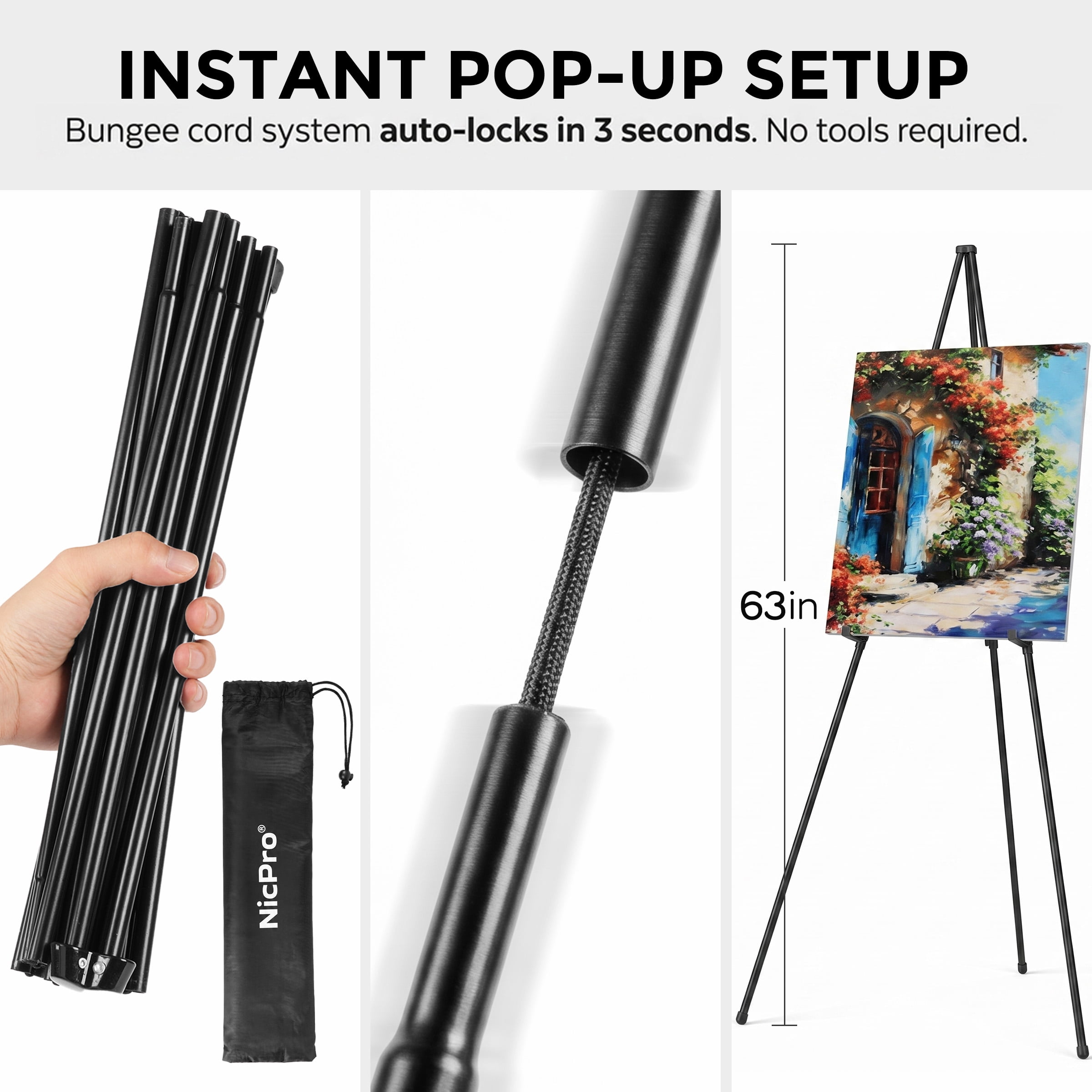Nicpro  2 Pack Folding Easels for Display, 63 Inch Metal Floor Easel Stand Tripod Black Portable for Artist, Poster, Wedding with Carry Bag