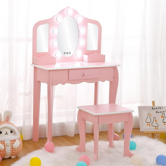 Princess Vanity Set for Toddlers - Kids Vanity with 3 Mirror & Light, and Stool, White