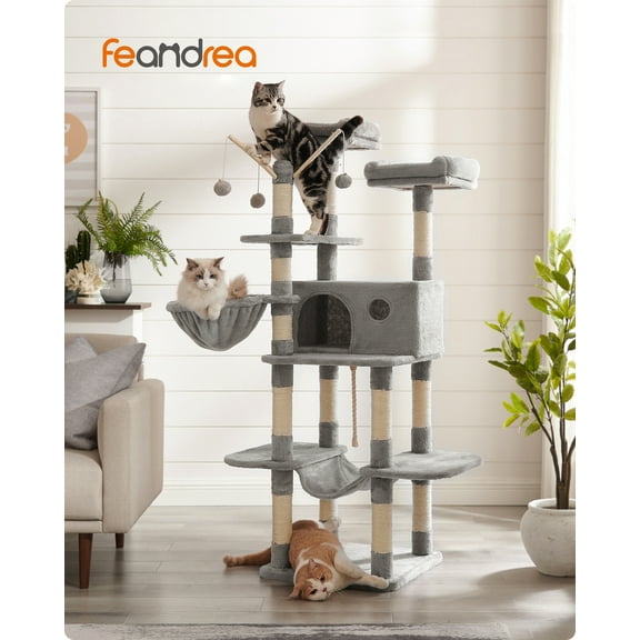 Feandrea Árbol para Gatos, Torre Grande para Gatos, 164 cm, con Hamaca, Condominio para Gatos, Gris Claro