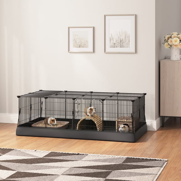 LEDREM Small Animal Playpen Cage with Waterproof Mat, 48.4 x 24.8 Inch Guinea Pig and Rabbit Cage with Top and Side Door, 20 Panels, Ink Black