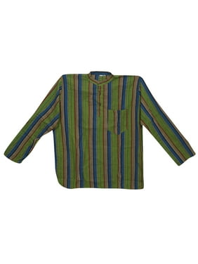 Mogul Green Blue Cotton Kurta Ethnic Wear Long Sleeves Button Front Trendy Tunic Stripes Print Shirt For Men's