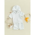 thumbnail image 3 of FEORJGP Toddlers Baby Summer Shorts Set Little Boys Girls Short Sleeve T-shirt Hooded Sweatshirt Slit Tops with Drawstring Shorts Solid Color 2-piece Outfit Loose Casual Activewear, 3 of 9