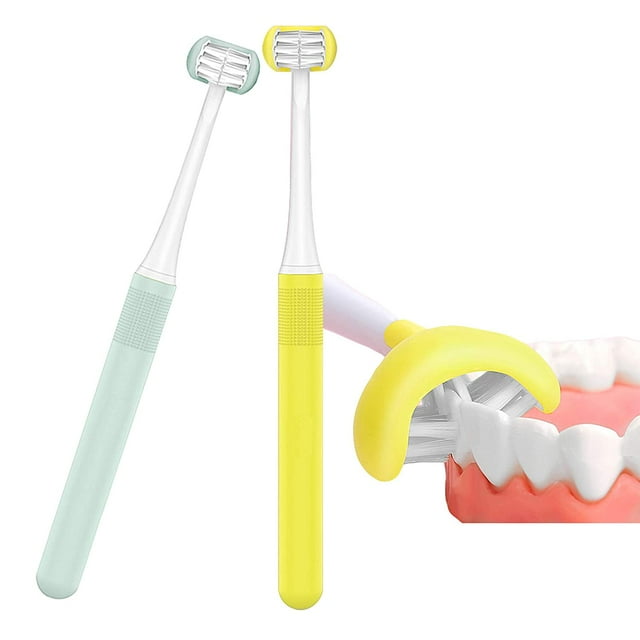 2 Pieces 3 Sided Autism Toothbrush Three Bristles for Special Needs Kids Soft Bristles Soft and Gentle Clean each Tooth to Completely Cover the Toothbrush(Child) Yellow+Blue