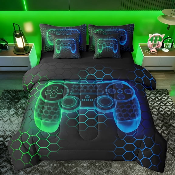 Manfei Green Blue Gamepad Twin Bedding Sets 7-Piece, Gamer Gaming Theme Bedding Comforter Set, Teens Kids Boys Girls Reversible Sheet Sets, Lightweight Room Decor