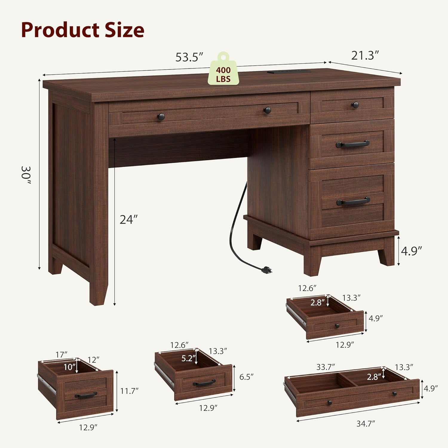 M optimized Wood Executive Desk with Power Outlet, Home Office Desk with Drawers, Work Desk with File Cabinet, Computer Desk for Work, Study, Writing