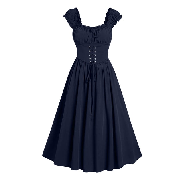 Jsaierl Robe Corset pour Femmes Vintage Renaissance Cottagecore Robe Sans Manches Midi d'Été Plissée Robes Smockées à Lacets Ligne A Robes de Soirée
