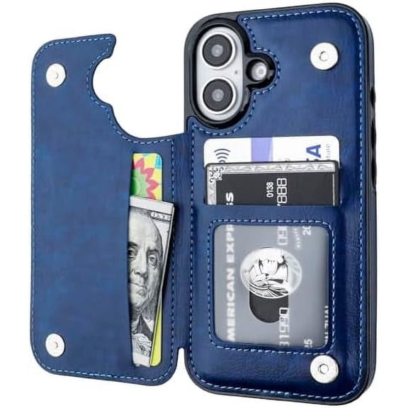 MYKOMI Compatible with iPhone 16 Wallet Case with Card Holder, PU Leather Kickstand Card Slots Case, Double Magnetic Clasp and Durable Shockproof Cover 6.1 Inch