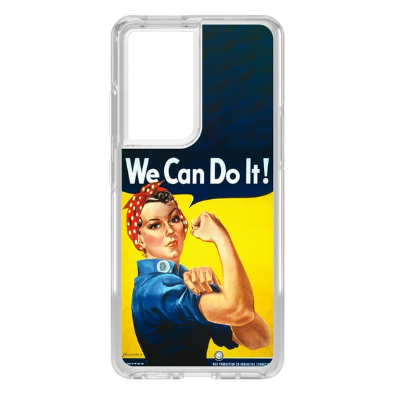 DistinctInk Clear Shockproof Hybrid Case for Galaxy S21 ULTRA 5G (6.8" Screen) - TPU Bumper, Acrylic Back, Tempered Glass Screen Protector - Rosie the Riveter