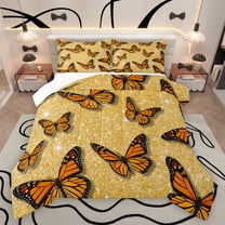 Feelyou Dreamy Butterfly Gold Queen Comforter Set for Girl, Fashion Princess Bedding Sets, Modern Sequin Print Bedding Comforter Set, Ultra Soft Bedroom Decor, 3pcs