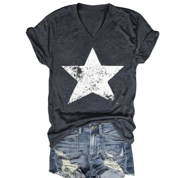 Trendfront Womens Vintage Star Graphic T Shirt Distressed Retro V Neck Tee Short Sleeve Summer Casual Fashion Daily Wear Pullover Tops