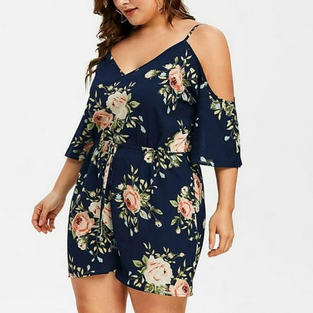 

STEADY Fashion Womens Plus Size Floral Cold Shoulder Jumpsuit Bodysuit V-Neck Romper XXXXL / Navy