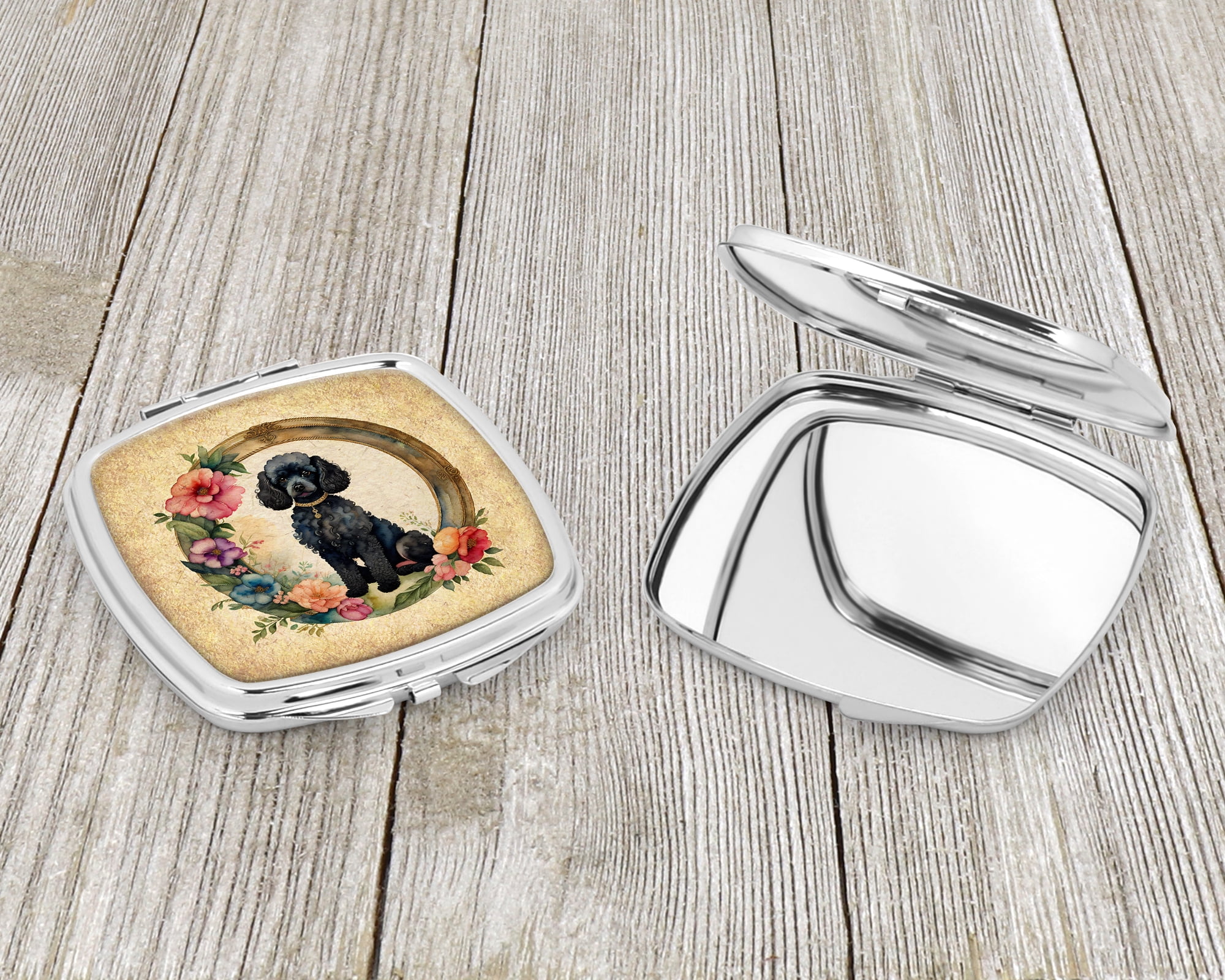Black Poodle and Flowers Compact Mirror 2.75 in x 3 in