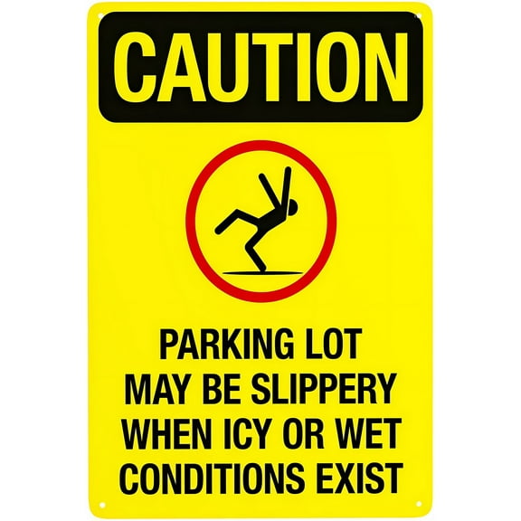 Caution Parking Lot Slippery ICY/Wet Exit Metal Tin Sign 12 x 8 Inches - Safety Warning Decor, Perfect for Street, Business, Home Wall, Outdoor Parking Use