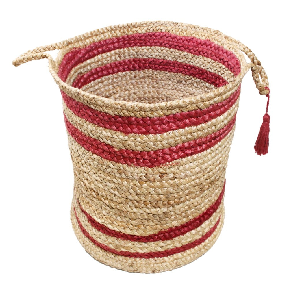 LR Home Woven Round Jute 17" Storage Basket with Handles, Red Double Stripe