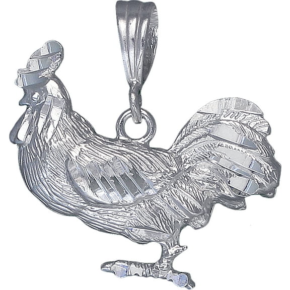 Sterling Silver Rooster Charm Pendant Necklace with Diamond Cut Finish and 24 Inch Figaro Chain