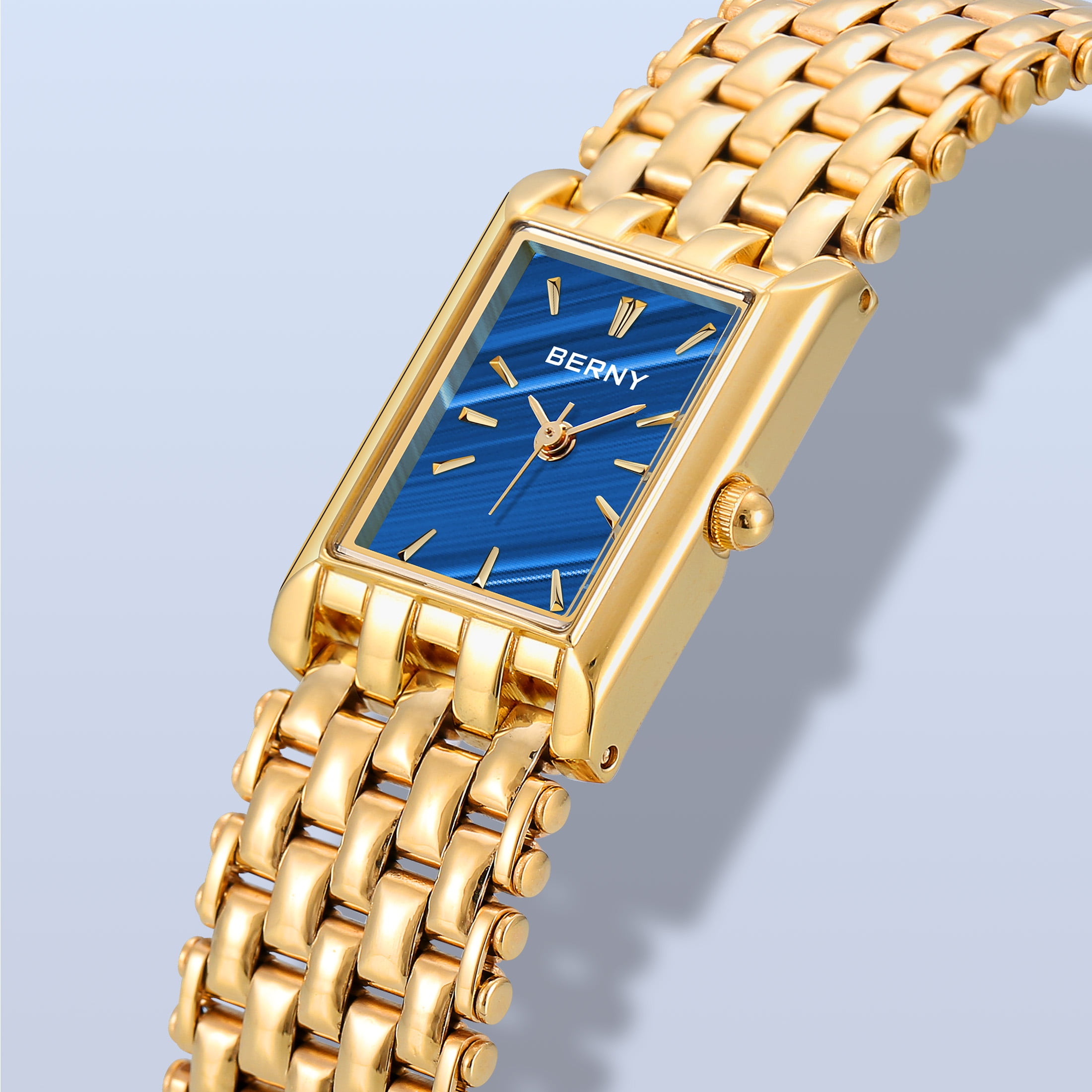 BERNY Women's Classic Gold Tone Square Quartz Watch, Stainless Steel Bracelet Band, 3ATM Water Resistant, Waterproof Watch Mother's Day Gift for Women (Blue)