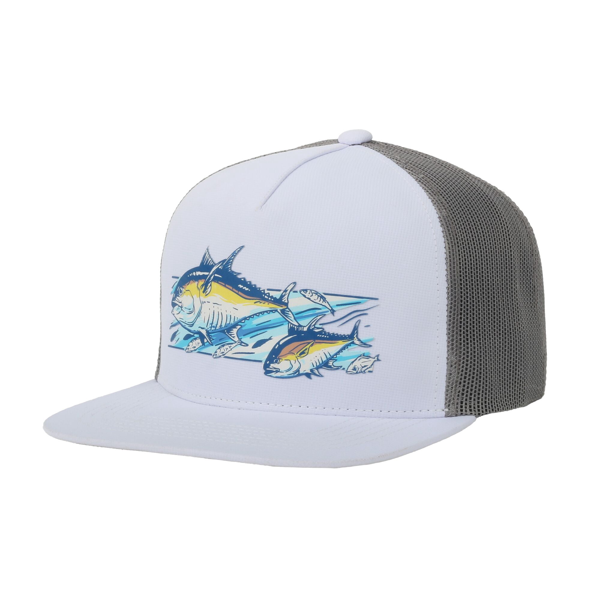 White/Grey Mahi Mahi 5-Panel Fishing Cap – Structured, Flat Bill Snapback, One Size