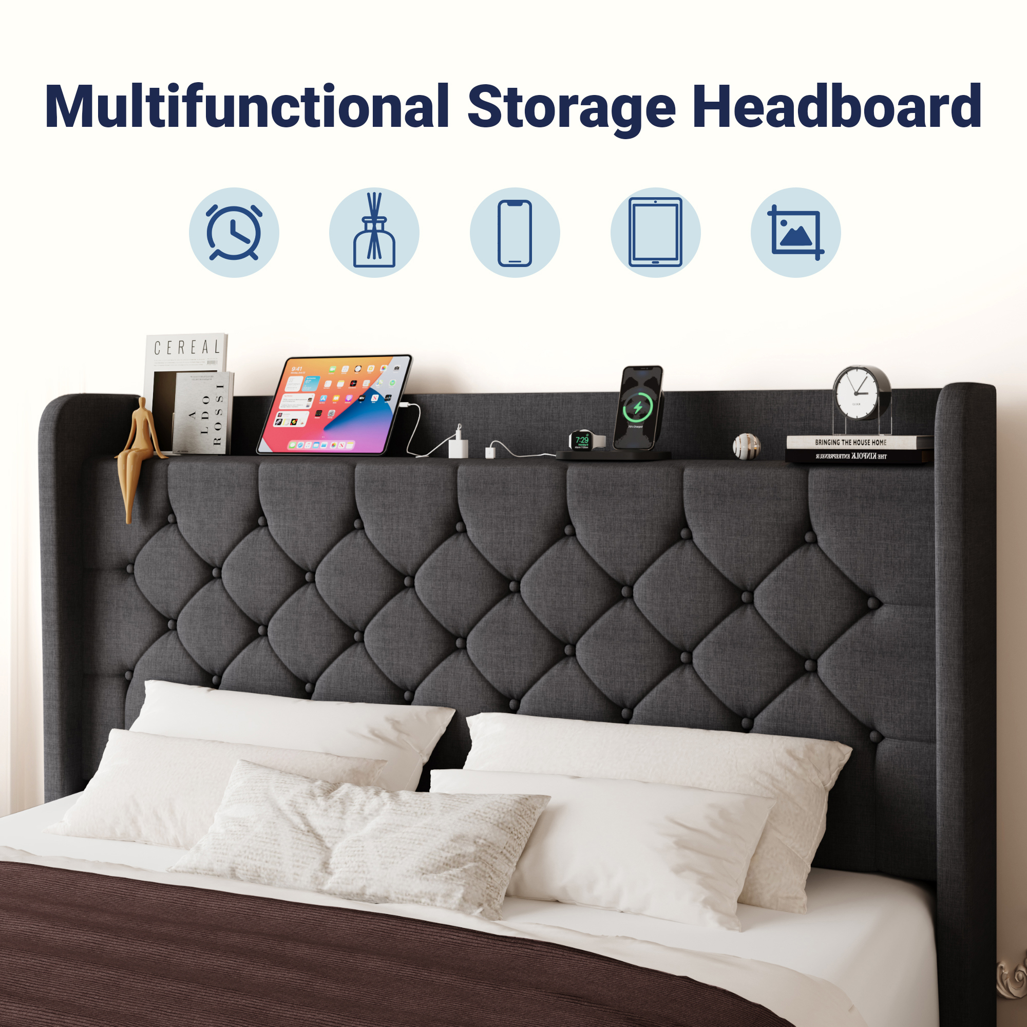 Allewie Full Size Bed Frame, Storage Headboard with Charging Station, Wingback Velvet Upholstered, Diamond Stitched Button Tufted, Sturdy Wooden Slats, No Box Spring Needed, Easy Assembly, Deep Gray