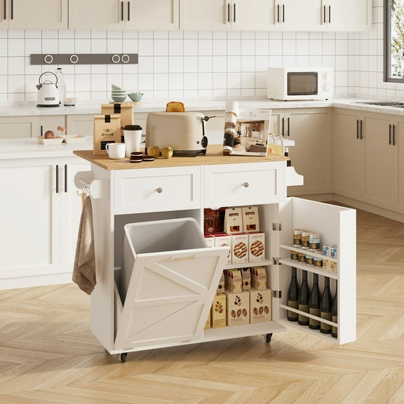 ELECWISH White/Natural Wood 35.4 in. W Kitchen Island Dining Table with Adjustable Shelves, Drawer, Spice Racks and Tower Racks
