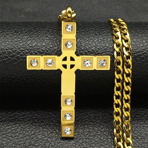 14K Yellow Gold  Luxury Zircon Cross Necklace Pendant For Men Women Jewelry Accessories