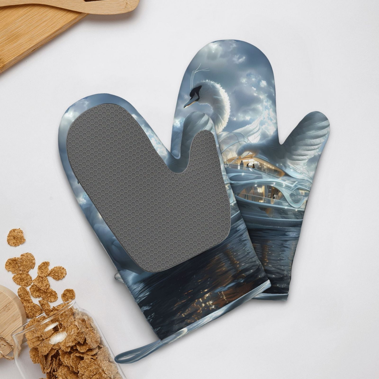 Hirioo Fantasy Swan Yacht Design for Silicone Oven Mitts for BBQ, Baking, Cooking, Set of 2, Heat Resistant 260℃, Non-Slip Kitchen Essentials