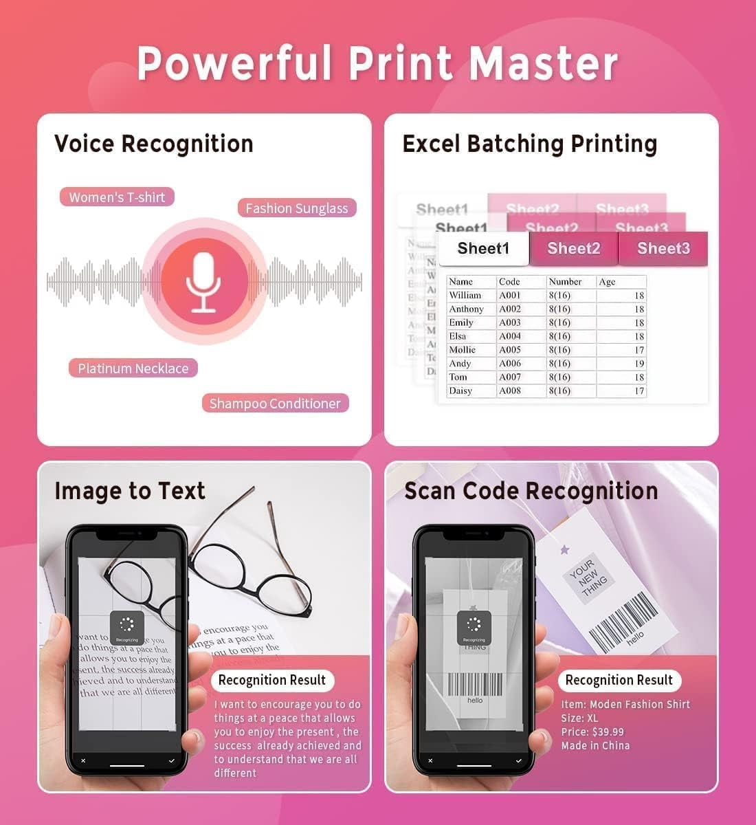 Phomemo M220 3.14 Inch Portable Bluetooth Thermal Label Maker - Support 20-80mm Width Label for Clothing, Mailing, and Address Labels - Compatible with Phone and Laptop (Pink)