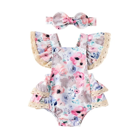 

Mioliknya Baby Girl Easter Outfits Fly Sleeve Bunny Romper + Bow Headband