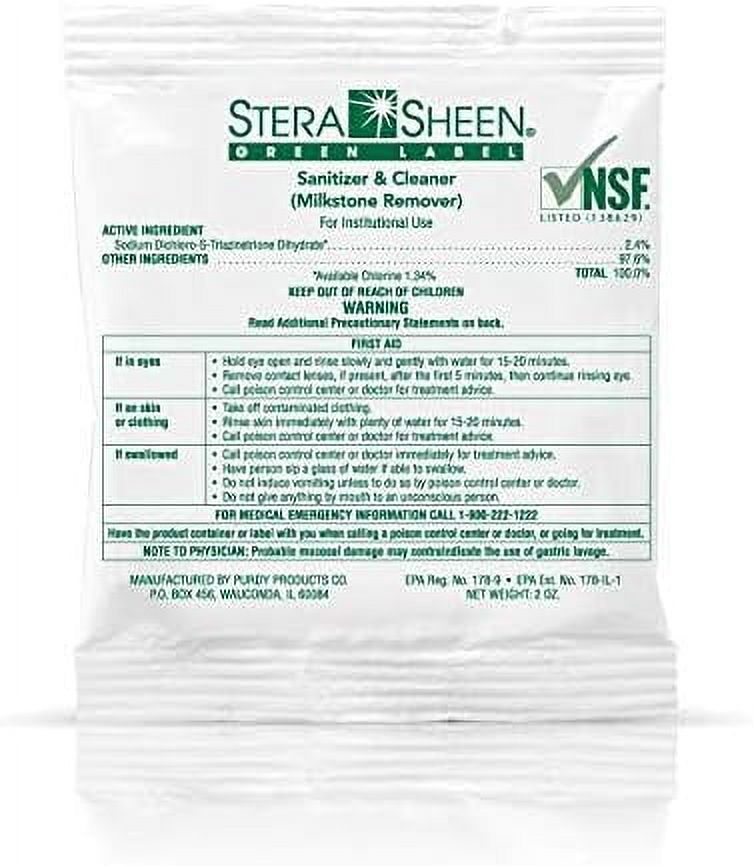 Sanitizer | 2 oz. Packets | Green Label Food Grade Cleaner & MilkStone Remover | SSG1002 by Purdy Products | Non-Corrosive Cleaner | Clean Soft Serve & Gelato Machines