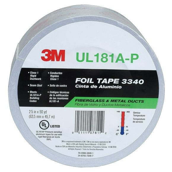 3M Aluminum Foil Tape 3340, 2.5" x 50 yd, 4.0 mil, Silver, HVAC, Sealing and Patching Hot and Cold Air Ducts, Fiberglass Duct Board, Insulation, Metal Repair