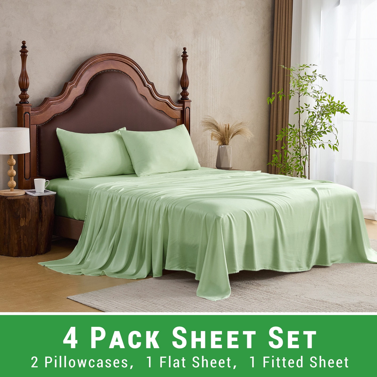 Gogreen 4PC Bamboo Queen Sheet Set, Deep Pocket Fit 16", Breathable Super Soft Luxury Hotel Style Home Decor Queen Size Sheet Set, Gift for Women, Men - 2 Pillowcases, 1 Flat Sheet, 1 Fitted Sheet