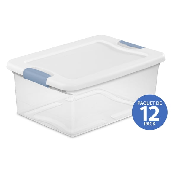 Sterilite 14 L Latching Box, Small Clear Plastic Storage Bin with Lid and Light Blue Latch, 12 Pk
