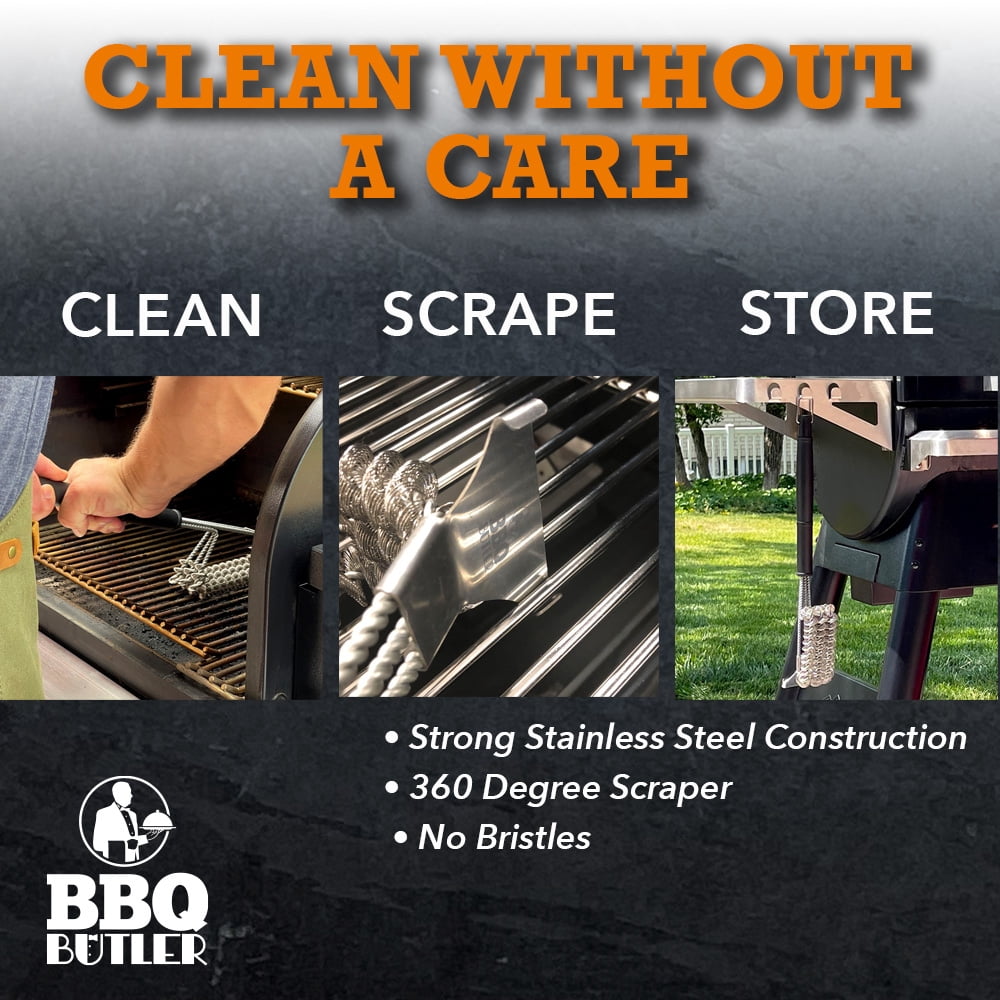 BBQ Butler Bristle Free Grill Brush - 360 Degree Grate Scraper - Stainless Steel