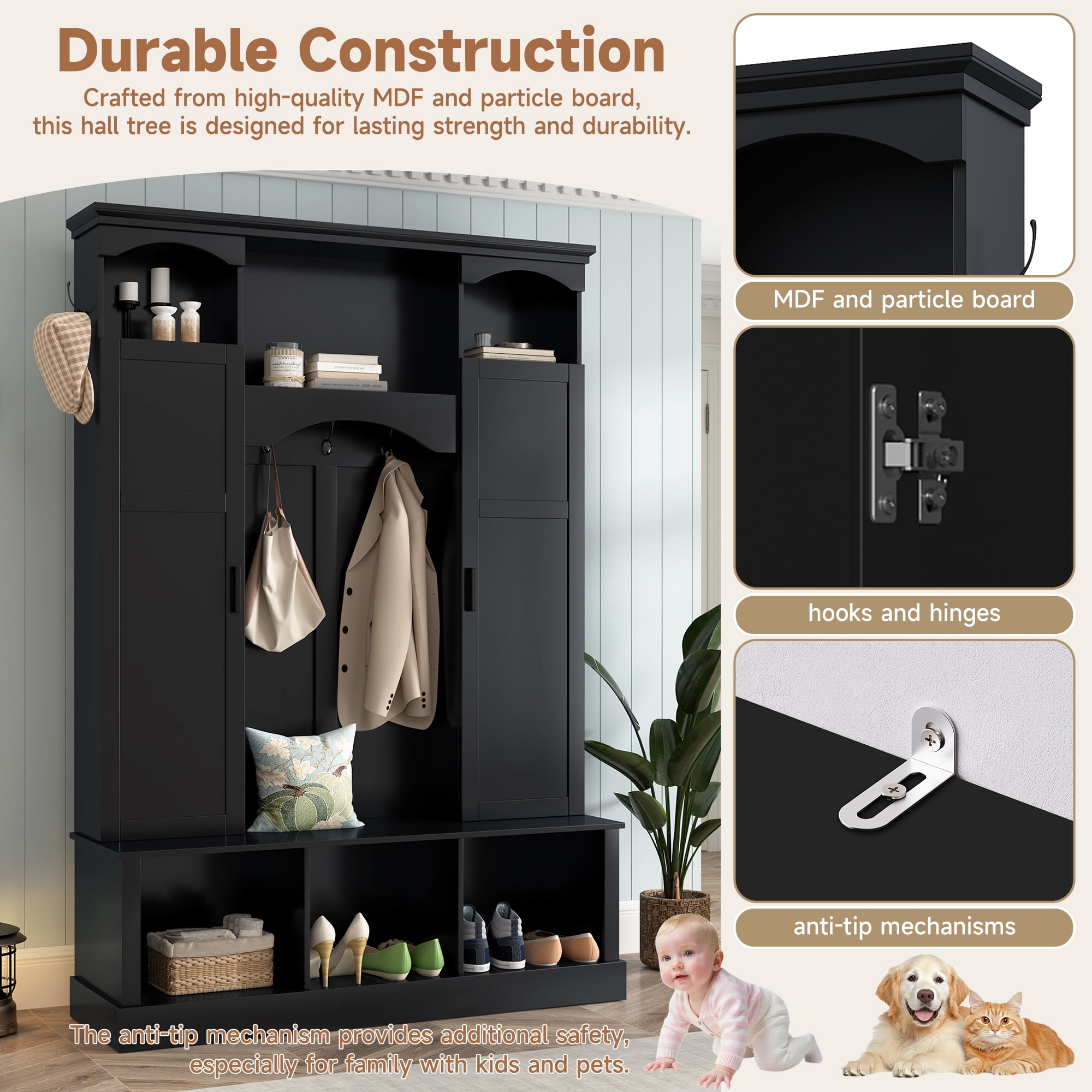 T-Foyer Farmhouse Black Hall Tree with 7 Hooks & 2 Cabinets, Wooden Rustic Entryway Organizer with Open Storage & Adjustable Shelves